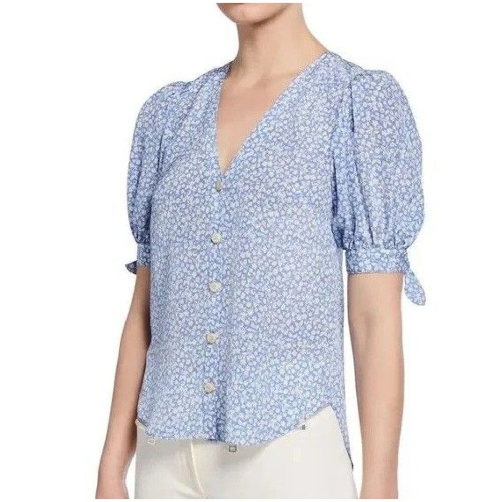 Veronica Beard Gizela Floral Print Button Puff Sleeve Silk Blouse Sz 18* Blue EU